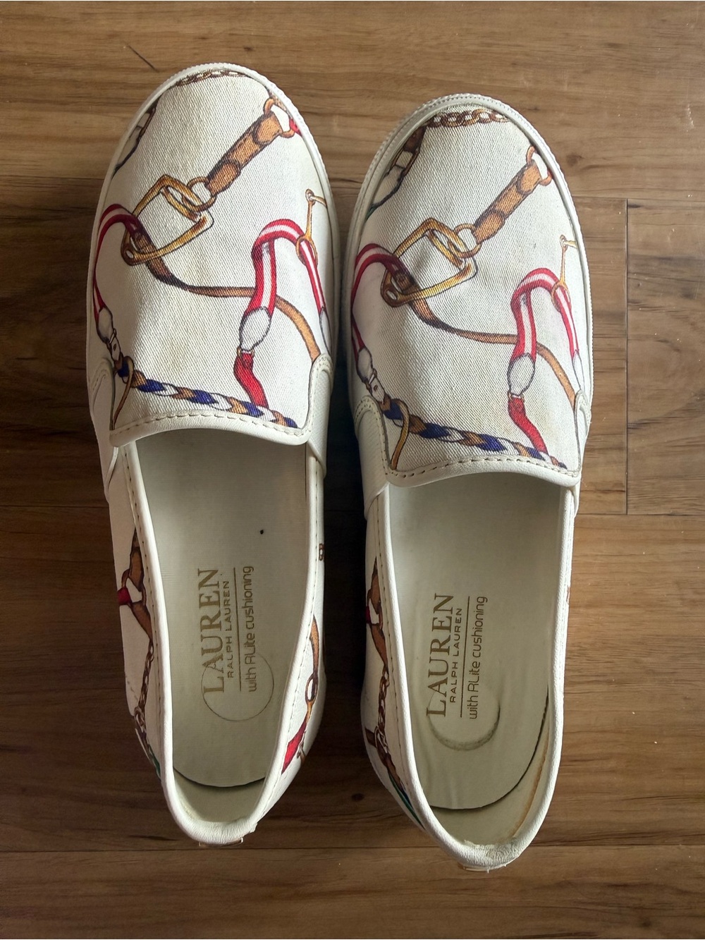 Lauren Ralph Lauren Cream Canvas Slip-On Sneakers with Equestrian Print